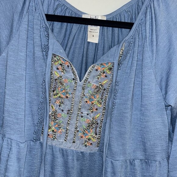 Isela Blue Beaded V-Neck Tie Bell Sleeve Boho Hippie Y2K Pullover Top Size Small - Picture 3 of 8